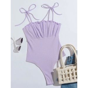 Self tie shoulder ruched bust rib-knit cami bodysuit